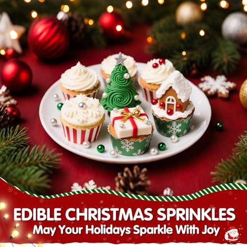 Image of Edible Christmas Sprinkles Pearls for Cake Decorating,130g Red Green White and Silver Pearl Mixed,Edible Sugar Holiday sprinkle for Cupcake Toppers, Cookie, Ice Cream Decorations Christmas Party