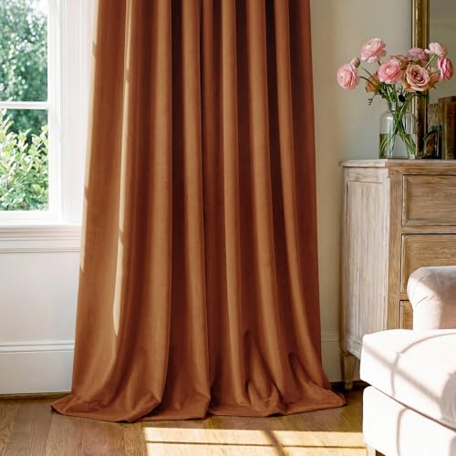 Image of Burnt Orange Velvet Curtains Back Tab Boho Drapes, W52xL102, 2 Pcs | Thermal Insulated, Window Back Tab Pinch Pleat Boho Vintage Drapes for Bedroom, Elegant Privacy, Home Decor for Sliding Door