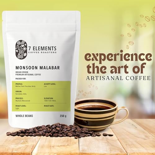 Image of 7 Elements Coffee Roasters Monsoon Malabar Ground Coffee - 250 g (Pack of 1) | Light Roast (Pour-over Grind) | 100% Arabica Freshly Roasted Coffee Grounds | AA Grade | Rich Flavorful Coffee