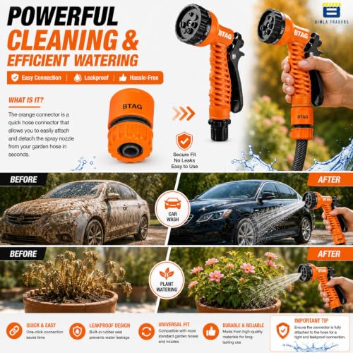 Image of Btag 7-Pattern Garden Spray Gun Hose Nozzle with Adjustable Trigger Handle, Water Spray Nozzle for Car Wash, Lawn & Garden Watering - with Orange Connector (SPRAY001 Orange)