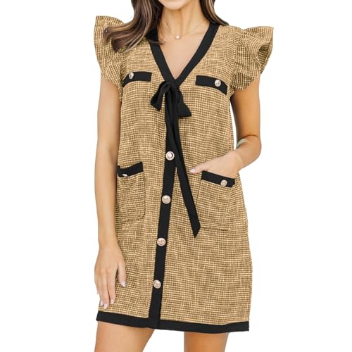 Bonnorth Womens Ruffle Cap Sleeve Mini Tweed Dress V Neck Button Down Bow Tie Business Work Shift Dresses with Pockets