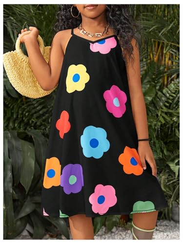 OYOANGLE Girl's Cute Color Block Flower Print Cami Dress Swing Flowy Short Sundress4