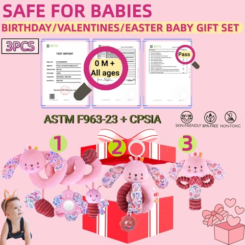 Image of Baby Spiral Car Seat Toys for Babies 0-6 Months Girl, Stroller Hanging Stuffed Animal Carseat Crinkle Rabbit Toy 0-3-4-5-6-7-8-9-12 Month, Newborn Infant Toddler Birthday Gifts Set Bunny 3PCS