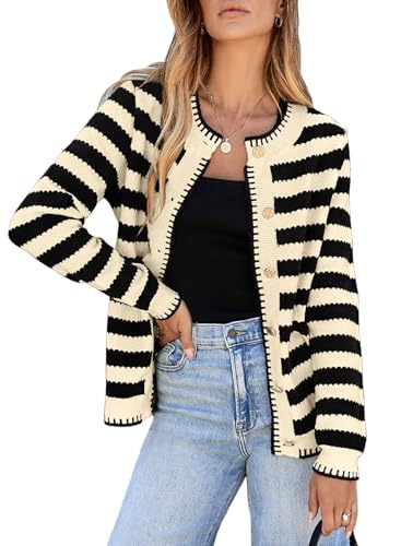 Sidefeel Women's Cardigan Sweaters Striped Open Front Button Down Knitted Coat Cropped Fall Fashion Outwear