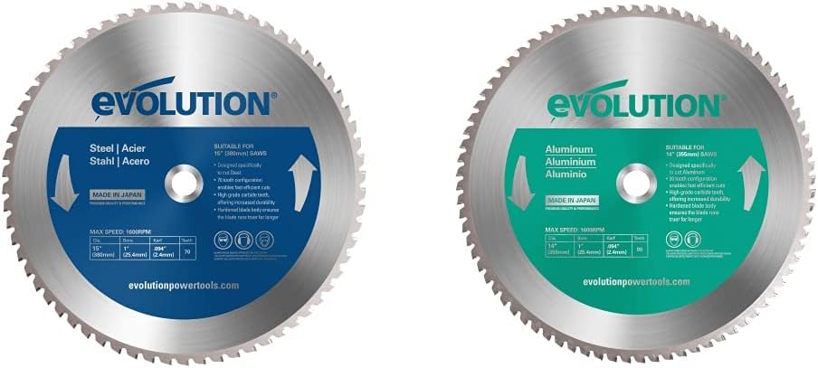 Power Tools 15BLADEST Steel Cutting Saw Blade, 15-Inch x 70-Tooth, Blue & Power Tools 14BLADEAL Aluminum Cutting Saw Blade, 14-Inch x 80-Tooth, Green