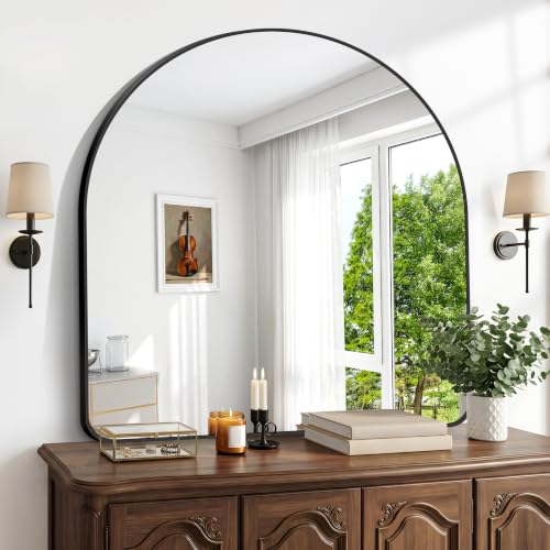 Image of BONEWEI Arched Wall Mirror,45x45 inch Black Arched Mirror Bathroom,Large Vanity Mirror for Over Sink Metal Frame,Tempered Glass Arch Mirrors for Bedroom,Entryway,Living Room,Home Decor Shatter-Proof