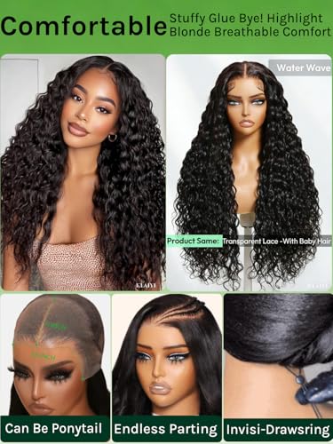 Image of KLAIYI Water Wave Pre Everything 13x4 HD Lace Frontal Human Hair Wig with Baby Hair Drawstring Glueless Pre Plucked Bleached Bye Bye Knots Curly 30S Ready to Wear and Go Wig Beginner Friendly 14Inch