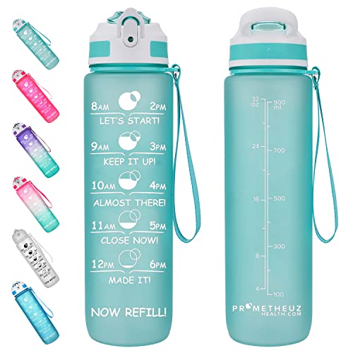Image of Prometheuz Water Bottles with Times to Drink, 32 oz Water Bottle with Time Marker & Straw, Carry Strap, Leak-Proof & BPA-Free, Help You with Daily Water Intake for Gym, Camping, Outdoor Sports Mint