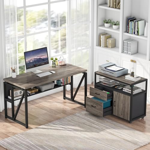 Image of Tribesigns Grey Executive Desk with Cabinet, 55 inch L Shaped Computer Desk and lateral File Cabinet with Locks, 2 Piece Home Office Furniture Set for Hanging