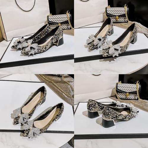 Women's Rhinestone Bowknot Chunky Low Heel Pumps Classic Comfortable Pointed Toe Work Office Dress Shoes Slip On Wedding Party Shoes3