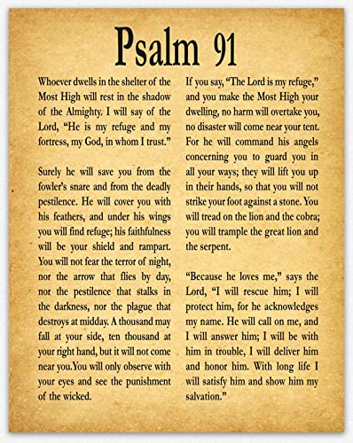 Psalm 91 Wall Art - Scripture Wall Decor Bible Verse Home Office Decor, Bible Verses Wall Art, Christian Religious Gift for Him or Her, Religious Wall Quotes Bible Verse, Christian Prints and Posters (8 x 10, Vintage)