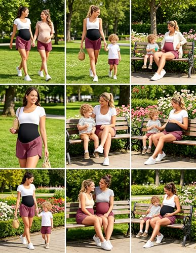 Image of PACBREEZE Women's Maternity Shorts Over Belly Quick Dry Workout Athletic Running Shorts with Zipper Pockets