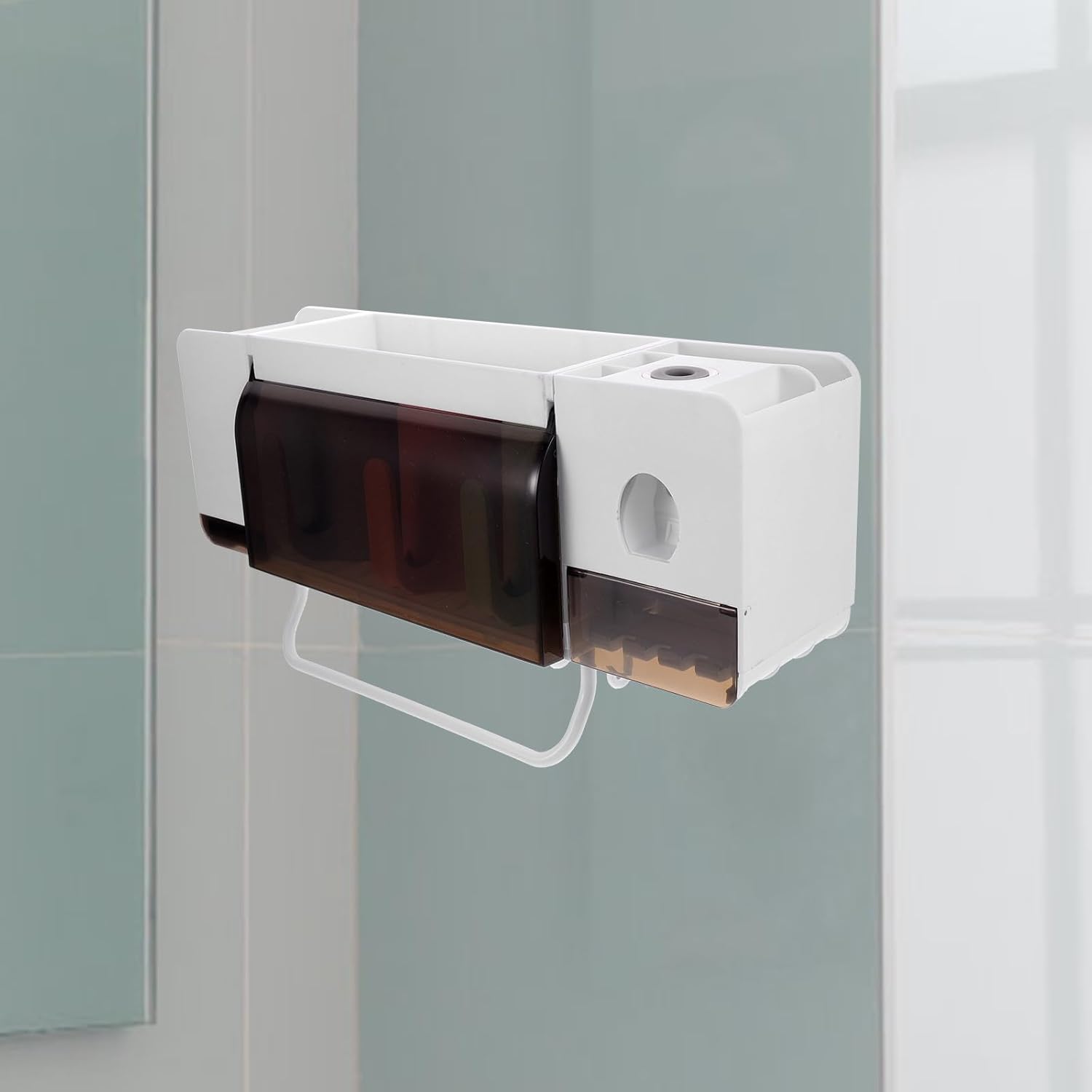 Uonlytech Multi-Functional Abs Toothbrush Holder Wall Toothbrush Stand with Cup and Toothpaste Storage for Bathrooms Showers Hotels Kitchen Organizer