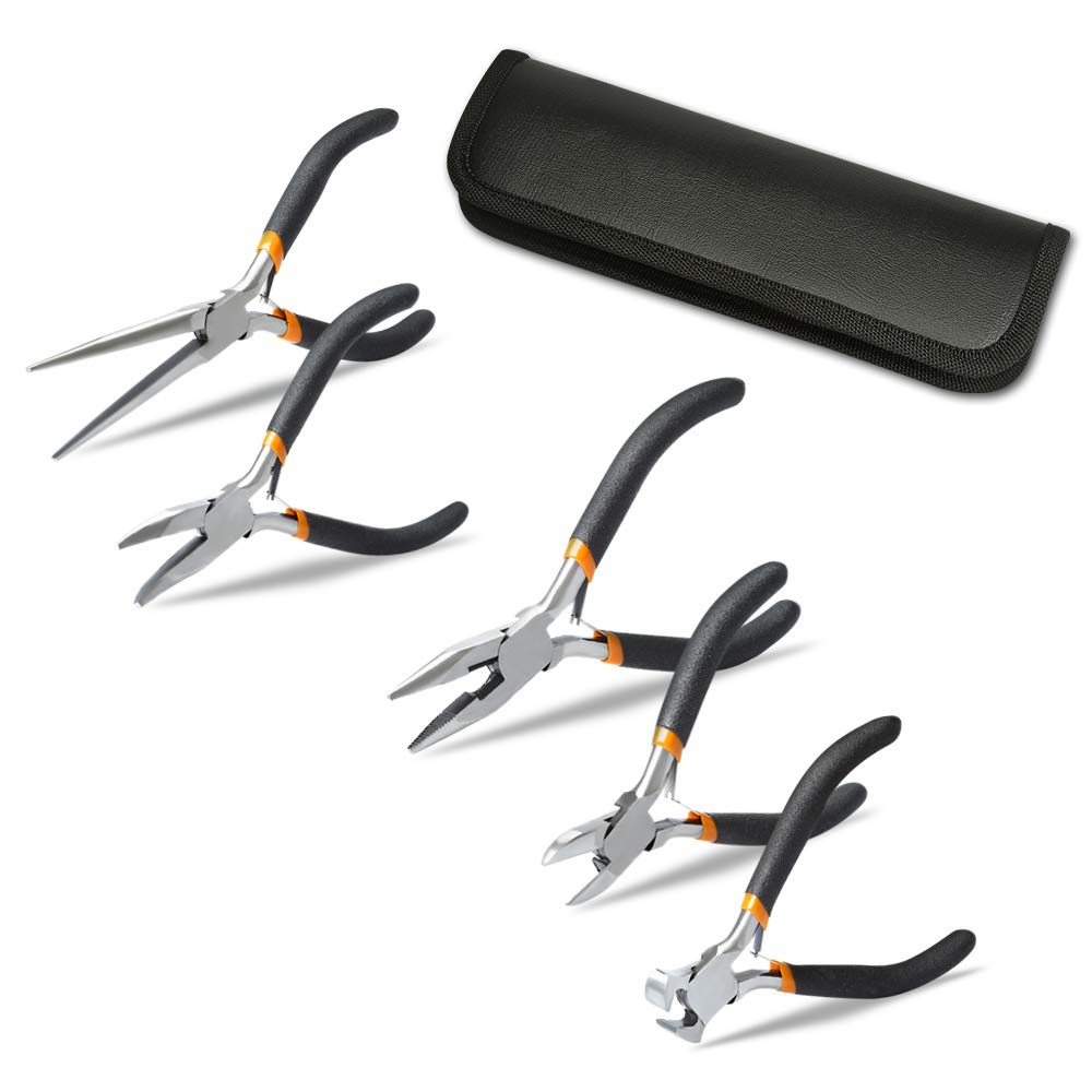 SOONAN5 Pieces Mini Pliers, Long Lasting Tool Set Cable Cutters – Long Needle Nose, Long Nose, Nipper Bent Nose, End Cutting, Diagonal Cutting, Precision Pliers Set