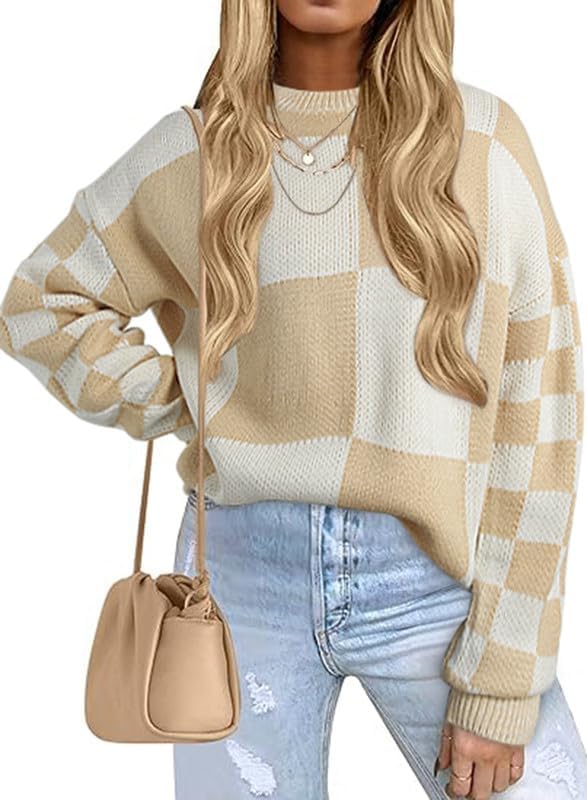 EVALESS Womens Sweaters Fall Fashion Cable Knit Checkered Oversized Sweater Tops