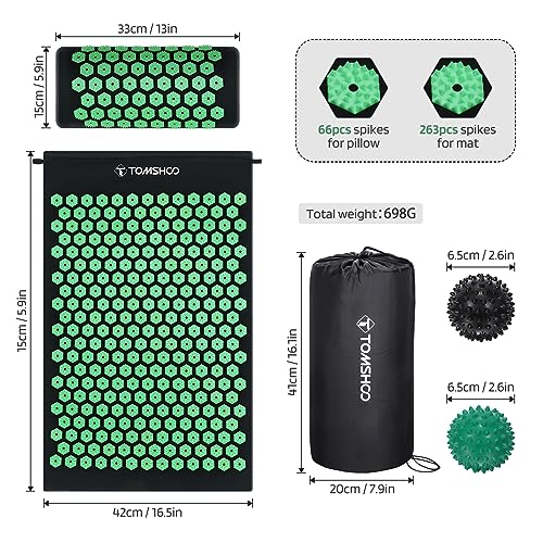 TOMSHOO Acupressure Set, Acupressure Mat and Pillow with 2pcs Massage Balls- Pain Relief Therapy Muscle Back Neck with Travel Bag for Men and Women Green - Image 5