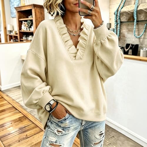 Elneeya Oversized Sweatshirts for Women Vneck Ruffle Casual Fall Sweatshirt - image 2