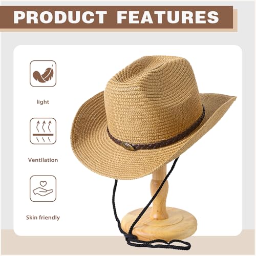 Image of Straw Cowboy Hats Western Cowgirl Hat for Holiday Woven Beach Sun Hat with Shapeable Wide Brim Cowboy Hat for Women /Men