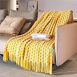 Tititex Decorative Throw Blanket,Mustard Yellow Boho Textured Blanket with Fringe Tassel, Soft Knitted Lightweight Blanket& Throws for Couch,Bed,Chair,Sofa,Living Room,Home Decor 50x60 Inch
