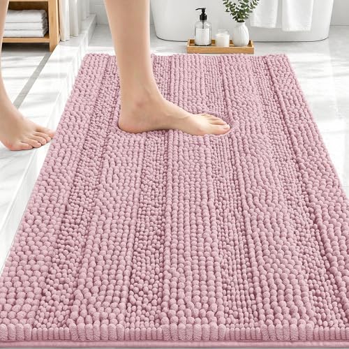 Image of OLANLY Thick Bathroom Rugs 30x20, Extra Soft Absorbent Chenille Striped Bath Rugs, Rubber Backing, Machine Wash Dry, Bath Mats for Bathroom Floor, Tub and Shower, Home Decor Accessories, Dusty Rose