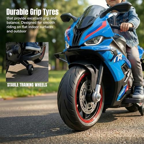 Image of Baybee BTR Baby Battery Operated Bike for Kids with Hand Accelerator USB Bluetooth, Rechargeable Rideon Toy Bike with RGB LED Light & Music, Baby Electric Bike for Kids 3+ Years Boys Girls (Blue)