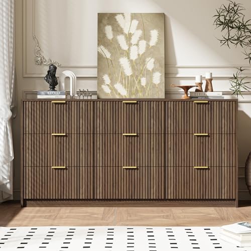 Image of MAISONARIA 9 Drawer Dresser for Bedroom, 63 inch Wide Modern Fluted Dresser with Gold Metal Handles, Chest of Drawers for Bedroom, Living Room, Entryway, Hallway, Walnut