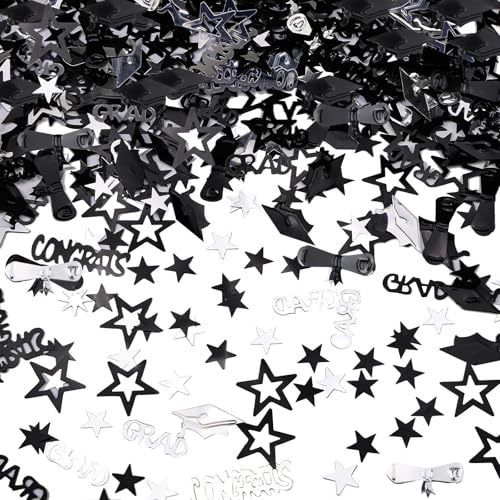 Image of Silver and Black Graduation Confetti 2026, 1000 Pcs Congrats Grad Confetti Class of 2026 Party Table Centerpiece for 2026 Graduation Party Decorations