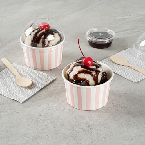 Image of Restaurantware Coppetta 5-Ounce Dessert Cups, 50 Disposable Ice Cream Cups - Lids Sold Separately, Striped, Pink And White Paper FroYo Bowls, For Hot And Cold Foods, Perfect For Gelato Or Mousse