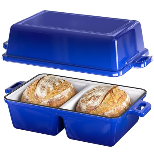 SEFILENCE Double Dutch Oven for Sourdough Bread Baking Enameled Cast Iron Dutch Oven with Lid Double-Chamber Square Mini Sourdough Loaf Pan for Homemade Bread Light Blue(Patent Has Been Applied for)