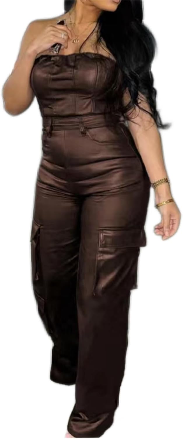 Womens PU Leather Jumpsuit Sexy Off the Shoulder Top Tight Waist Cargo Pants Bodysuit
