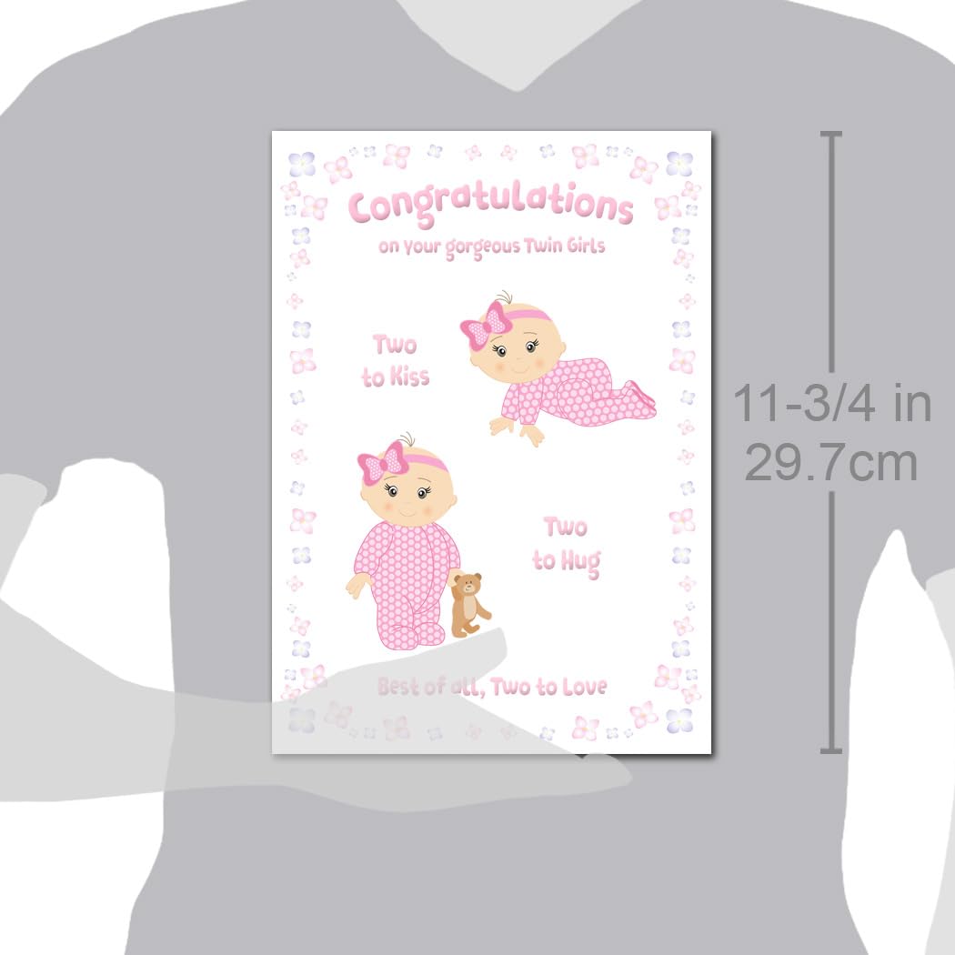 Extra Large Newborn Twin Baby Girl Card - New Twins Baby Girls Congrats - Congratulations on Birth of Gorgeous Sisters - Quality Greeting - A4 XL size - Special Keepsake Good Wishes with Poem Verse - Image 3