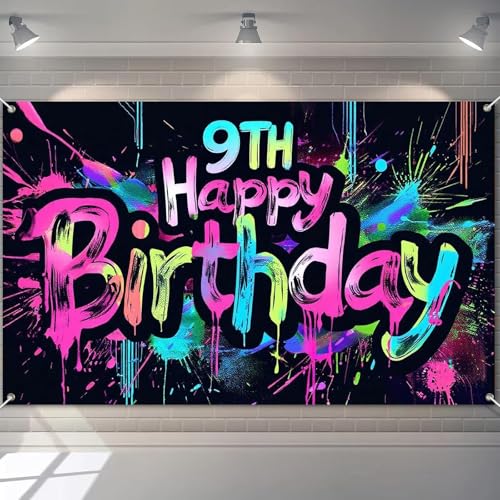 Image of HOMETITUTE Neon 9th Happy Birthday Banner 71x43 Inch Paint Splatter Glow in The Dark Party Backdrop Colorful Wall Decor for Kids Boys Girls Ninth Birthday Celebrations Photo Booth Props Event