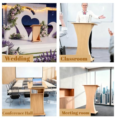 Image of Portable Wooden Podium Stand with Lockable Wheels, 42.5 inch Height Rolling Lectern for Churches, Lightweight White Pulpit, Perfect for Presentations & Events