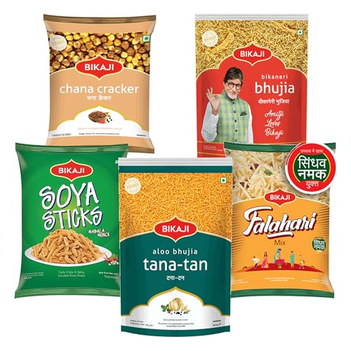 Bikaji Snacks Combo – SOYA STICKS & BHUJIA & TANA-TAN (Aloo Bhujia) & FALHARI MIX & ROASTED CHANA CRACKER | 5 Pack Variety | Bar Snacks, Party Mix & Tea-Time Treats – 1 Kg