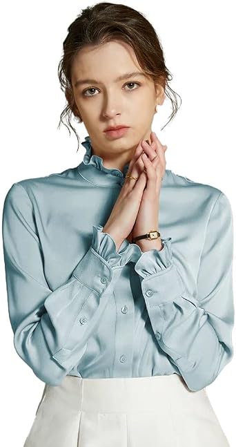 DAISYSILK Stand Collar Silk Blouse for Women with Ruffle Trim, Long Sleeve Button Up Shirt, 100% Mulberry Silk Work Top