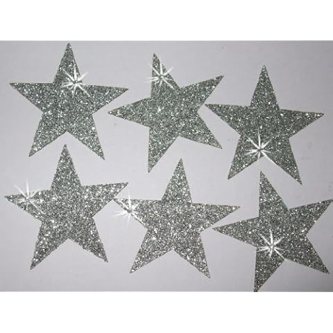 Silver 12 Fabric Glitter 2 Inch 50mm Stars Iron-On Cover