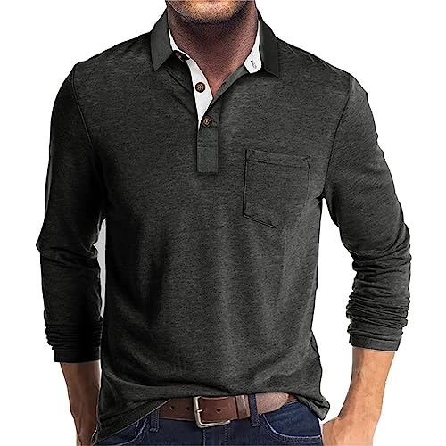 UHouse Poloshirt Herren Langarm Shirt Basic Baumwolle Langarmshirt mit Knopfleiste Mode Longsleeve Polohemd mit Brusttasche Leichte Sommershirt Regular Fit Polo Shirt Dunkelgrau XL