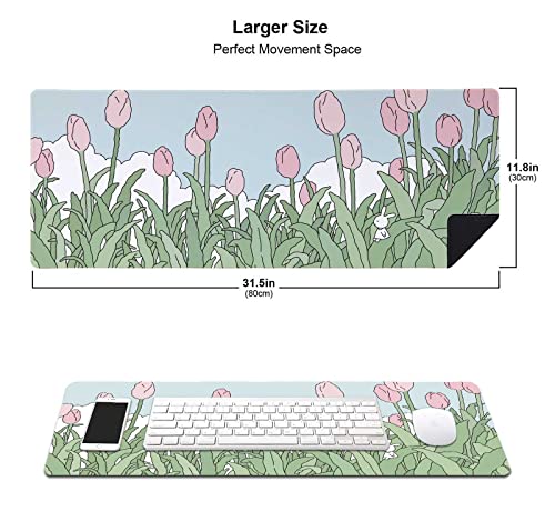 Image of Kawaii Pink Flowers Mouse Pad, Nature Mousepad Cute, Minimalistic Desk Mat, Bunny Anime Desk Pad, Extra Large Mouse Pad, 31.5 X 11.8 Inch, Aesthetic Wildflowers
