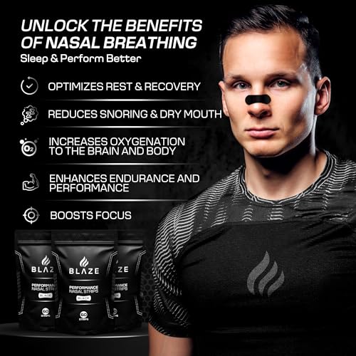 performance nose strips for breathing 60 count - oil amp sweat proof adhesive - athletic nasal strips for snoring amp sleeping - black wide body universal fit extra strength