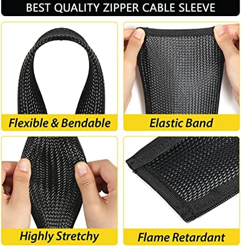 Aunly Cable Tidy Sleeve with Zipper for Under Desk Cable Management, 1.7m of Cable Sleeves with 20mm Dia - Wire Sleeve for Pc/tv, Cable Organisers with 10 Reusable Ties for Home & Office