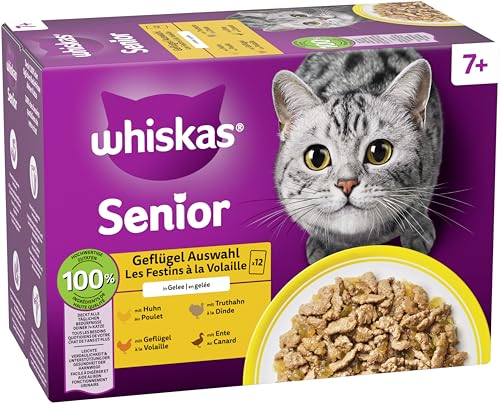 Whiskas 7+ Katzenfutter Geflügel Auswahl in Gelee, 12x85g (4 Packungen) – Hochwertiges Nassfutter ab dem 7. Lebensjahr in 48 Portionsbeuteln – Für die Bewahrung der Vitalität 2