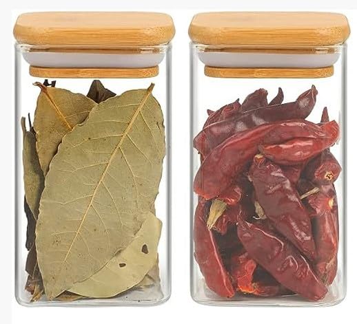 Image of 350ML Premium Glass Food Storage Jars with Airtight Bamboo Lid Set of 2 Storage jar Clear Glass For Serving Tea, Coffee, Flour, Sugar, Candy,Cookie,Spice (350 ML, Set of 2)