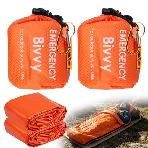 2 Stück Notfall Schlafsack 210 × 90 cm Survival Biwaksack Überleben Schlafsack Rettungsschlafsack Wärmeerhalt bis 90% Ultraleicht & Wasserdicht inkl. Pfeife für Camping Wandern Outdoor Notfall