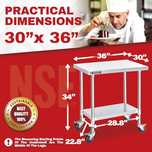 Image of DuraSteel 30x36 NSF Stainless Steel Cart Work Table - Heavy Duty Rolling Food Prep Table Countertop Island - Metal Utility Cart on Wheels Caster, Grill Stand Storage Outdoor Kitchen Tables Bar Top