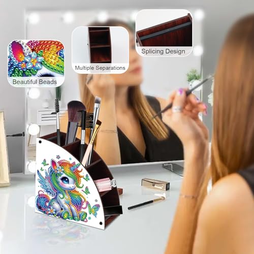 Image of Diamond Art Painting Wooden Organizer Box - Animal DIY Multi-Grid Storage for Makeup Brushes, Remotes & Office Supplies - Double-Sided Drill Tabletop Decor for Adults