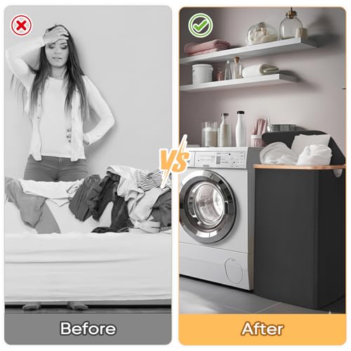 Image of BALEINE Laundry Hamper with Lid, Tall Laundry Baskets with Bamboo Pull Handles, Large Laundry Bin with Internal Support (26Gal /100L, Carbon Black)