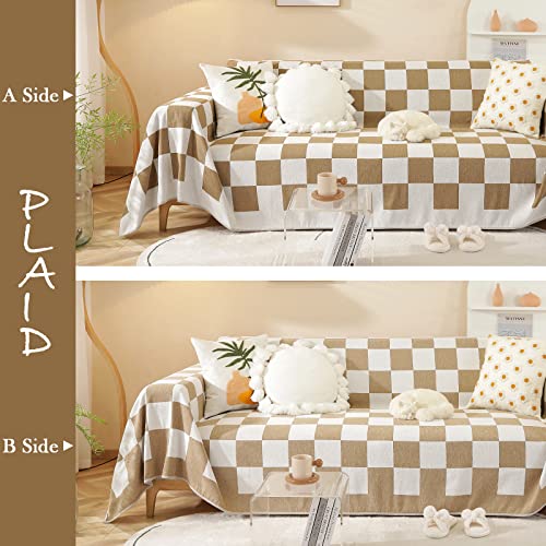 Handontime Cat Scratch Furniture Protector 71" X 118" Farmhouse Couch Cover Geometric Sofa Cover With Tassel Chenille Sofa Seat Covers Sectional Couch Covers For Dogs Cats Cushion Covers, Beige/Khaki #TOP1