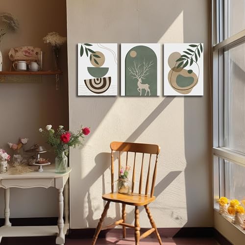 Image of Boho Sun Canvas Wall Art Set of 3, Neutral Abstract Minimalismt Bohemian Geometric & Botanical Plants Pictures Prints Artwork Paintings Wall Decor for Bedroom Living Room Home Decoration 12x16 inches
