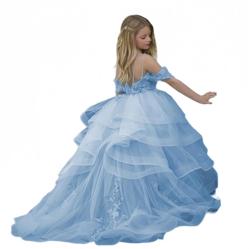 Girls Off Shoulder Flower Girl Dress Lace Appliques Tulle First Communion Dresses Pageant Party Ball Gowns for Kids