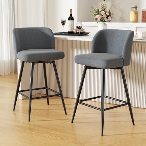 Image of Swivel Bar Stools Set of 2, 26 inch Counter Height Bar Stools with High Back and Metal Legs, Fabric Bar Chairs, Modern Barstools for Kitchen Island, Light Grey